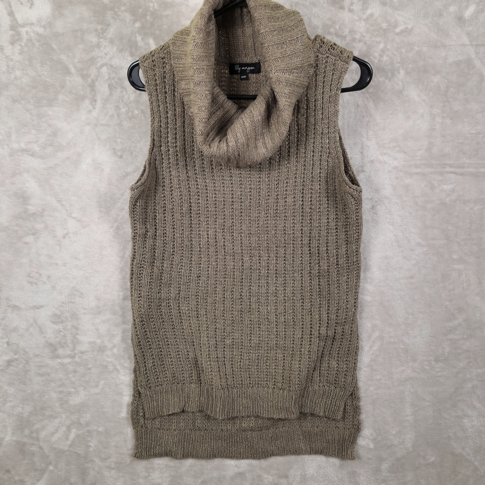 Lily Morgan Cotton Blend Cowl Neck Sleeveless‎ Tunic High Low Sweater Brown Sz M